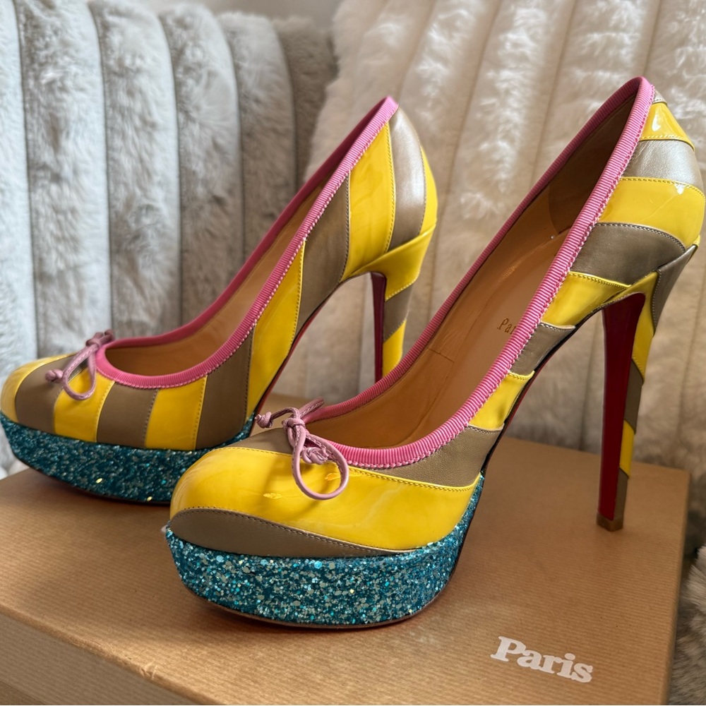 Christian Louboutin Foraine Yellow and Beige Heels with Blue Glitter Platform - Picture 7 of 10